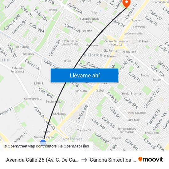 Avenida Calle 26 (Av. C. De Cali - Cl 51) (A) to Cancha Sintectica Fútbol 7 map