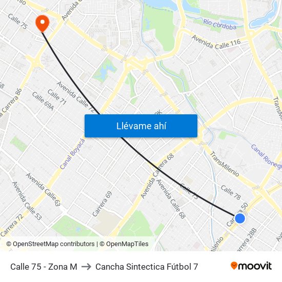 Calle 75 - Zona M to Cancha Sintectica Fútbol 7 map
