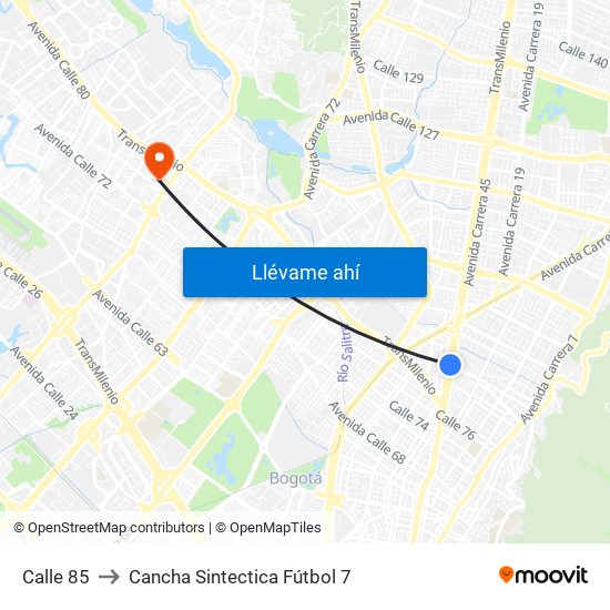 Calle 85 to Cancha Sintectica Fútbol 7 map
