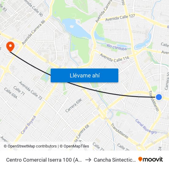 Centro Comercial Iserra 100 (Ac 100 - Kr 54) (B) to Cancha Sintectica Fútbol 7 map