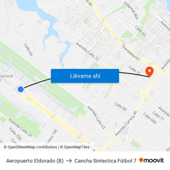 Aeropuerto Eldorado (B) to Cancha Sintectica Fútbol 7 map