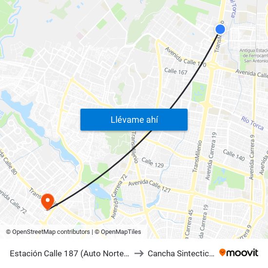 Estación Calle 187 (Auto Norte - Cl 187 Bis) (A) to Cancha Sintectica Fútbol 7 map