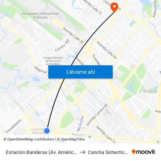 Estación Banderas (Av. Américas - Kr 78a) (A) to Cancha Sintectica Fútbol 7 map