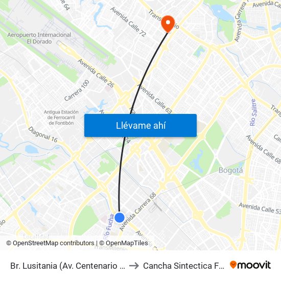 Br. Lusitania (Av. Centenario - Kr 68b) to Cancha Sintectica Fútbol 7 map