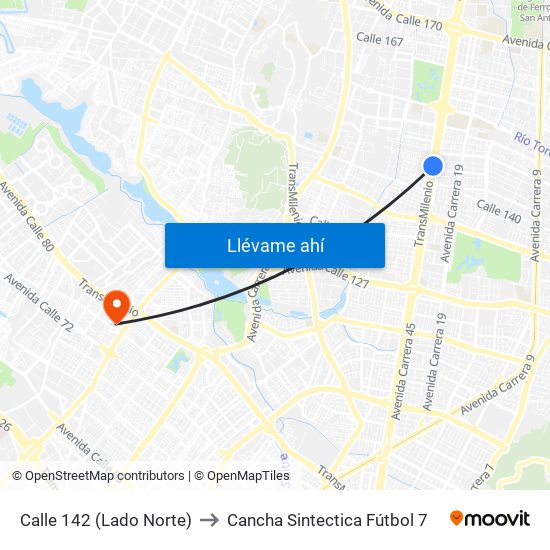 Calle 142 (Lado Norte) to Cancha Sintectica Fútbol 7 map