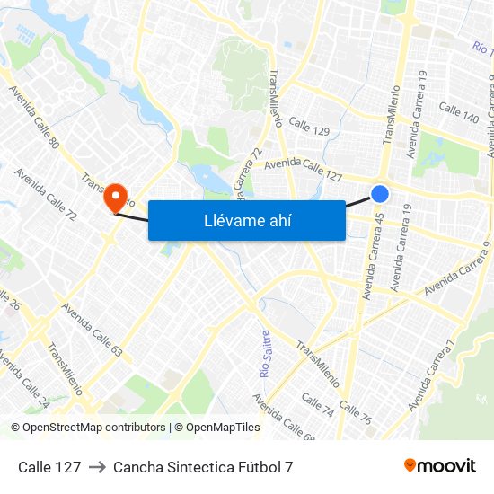 Calle 127 to Cancha Sintectica Fútbol 7 map