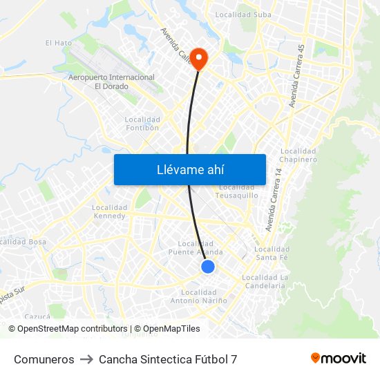 Comuneros to Cancha Sintectica Fútbol 7 map