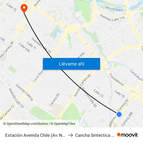 Estación Avenida Chile (Av. NQS - Cl 71c) to Cancha Sintectica Fútbol 7 map