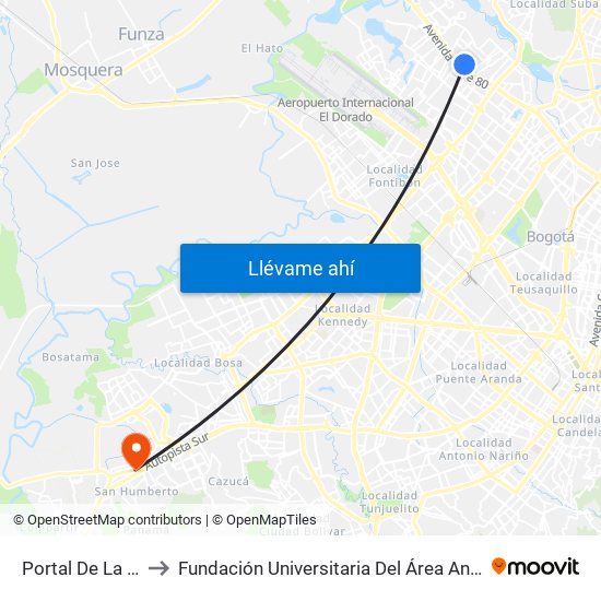 Portal De La 80 to Fundación Universitaria Del Área Andina map