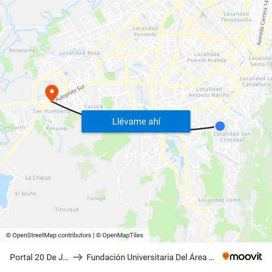 Portal 20 De Julio to Fundación Universitaria Del Área Andina map