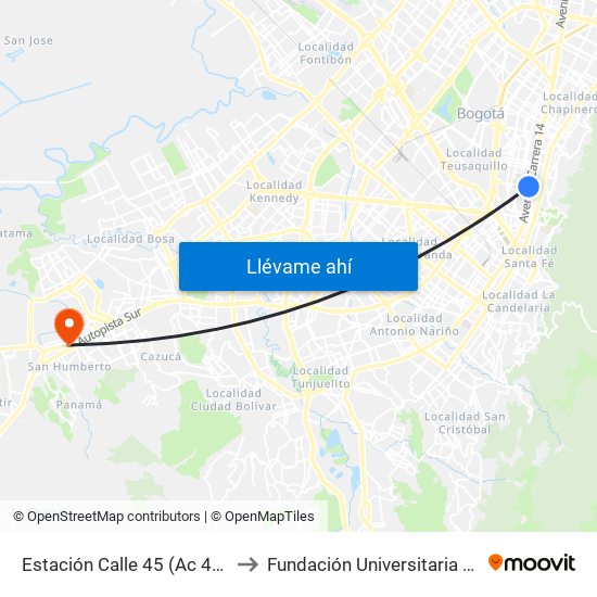 Estación Calle 45 (Ac 45 - Av. Caracas) to Fundación Universitaria Del Área Andina map