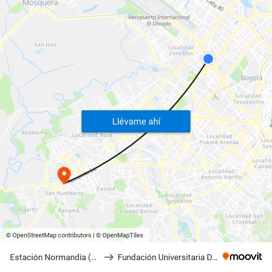 Estación Normandía (Ac 26 - Kr 74) to Fundación Universitaria Del Área Andina map