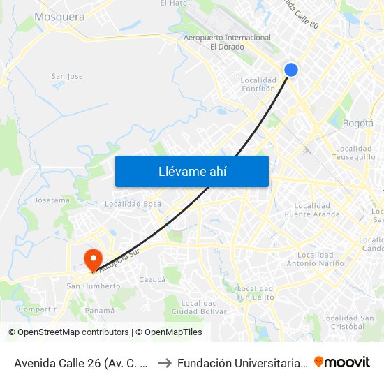 Avenida Calle 26 (Av. C. De Cali - Cl 51) (A) to Fundación Universitaria Del Área Andina map