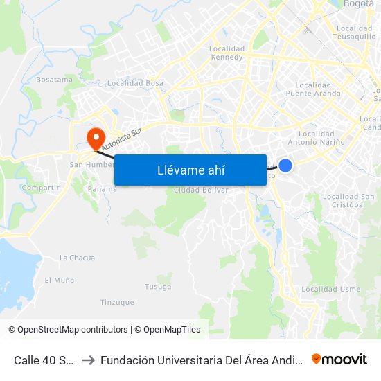 Calle 40 Sur to Fundación Universitaria Del Área Andina map