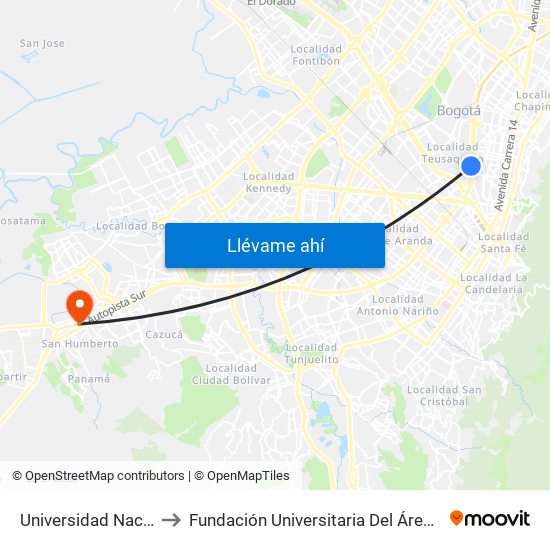 Universidad Nacional to Fundación Universitaria Del Área Andina map