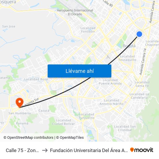 Calle 75 - Zona M to Fundación Universitaria Del Área Andina map
