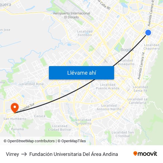 Virrey to Fundación Universitaria Del Área Andina map