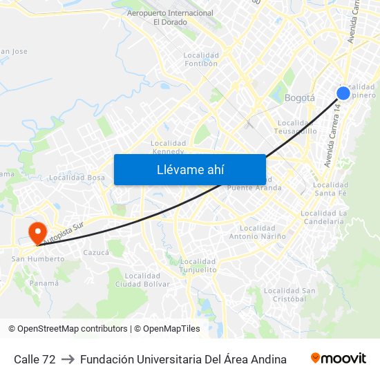 Calle 72 to Fundación Universitaria Del Área Andina map