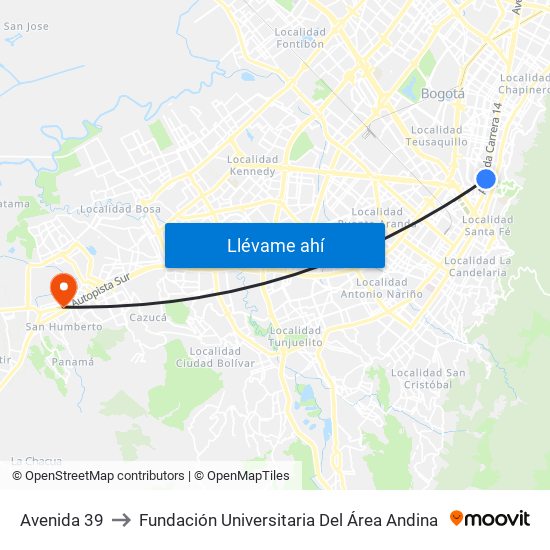 Avenida 39 to Fundación Universitaria Del Área Andina map