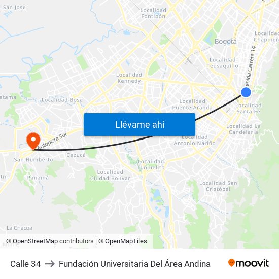 Calle 34 to Fundación Universitaria Del Área Andina map