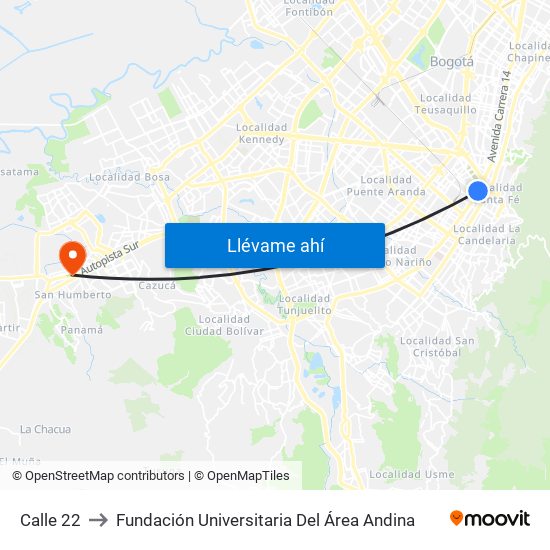 Calle 22 to Fundación Universitaria Del Área Andina map