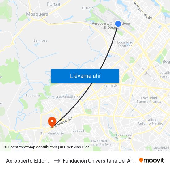 Aeropuerto Eldorado (B) to Fundación Universitaria Del Área Andina map