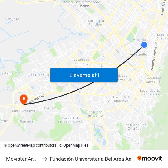 Movistar Arena to Fundación Universitaria Del Área Andina map