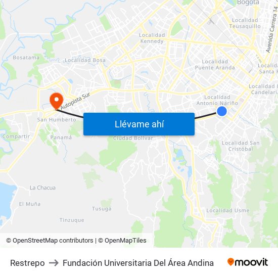 Restrepo to Fundación Universitaria Del Área Andina map