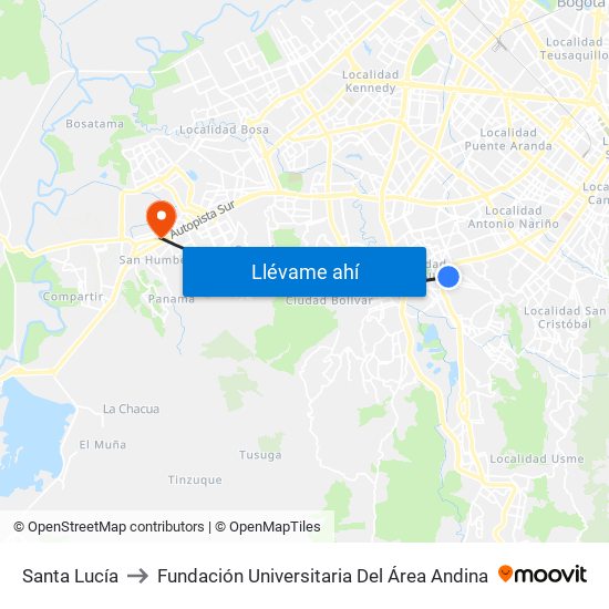 Santa Lucía to Fundación Universitaria Del Área Andina map