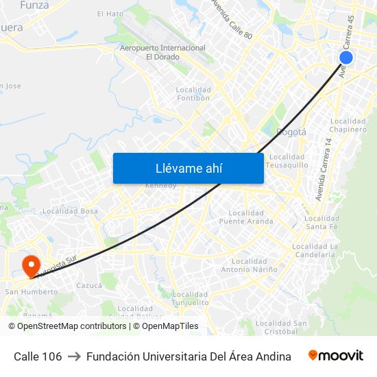 Calle 106 to Fundación Universitaria Del Área Andina map