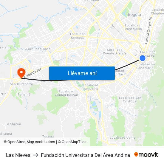 Las Nieves to Fundación Universitaria Del Área Andina map