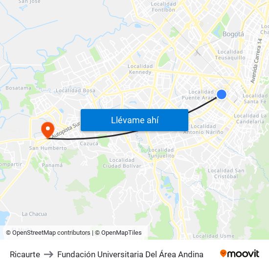 Ricaurte to Fundación Universitaria Del Área Andina map