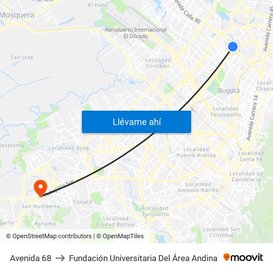 Avenida 68 to Fundación Universitaria Del Área Andina map