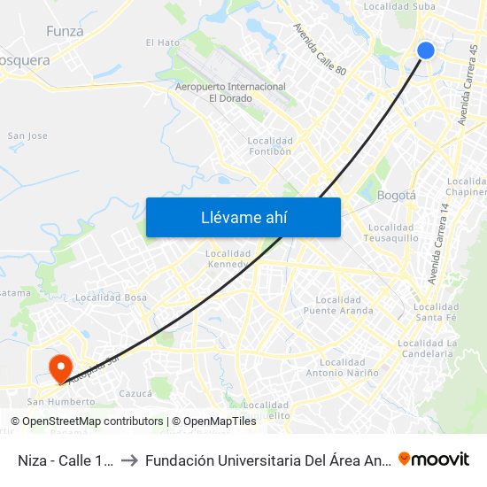 Niza - Calle 127 to Fundación Universitaria Del Área Andina map