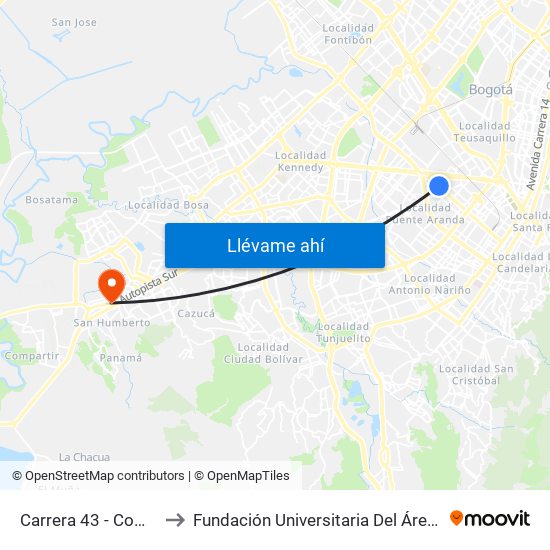 Carrera 43 - Comapan to Fundación Universitaria Del Área Andina map