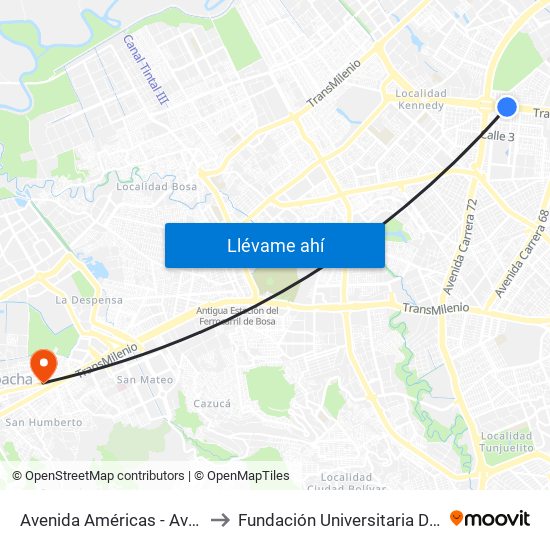 Avenida Américas - Avenida Boyacá to Fundación Universitaria Del Área Andina map