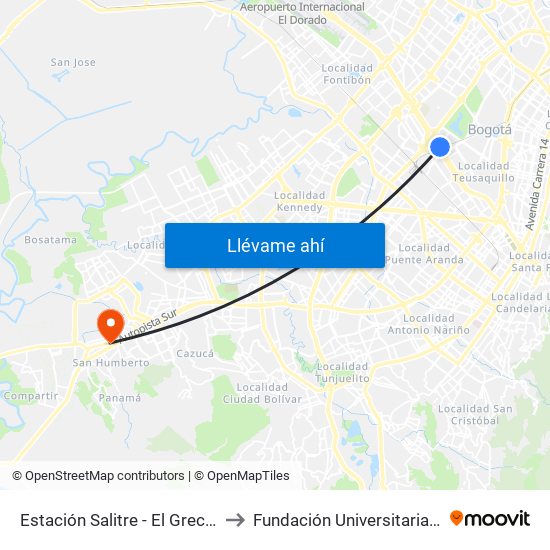 Estación Salitre - El Greco (Ac 26 - Ak 68) to Fundación Universitaria Del Área Andina map