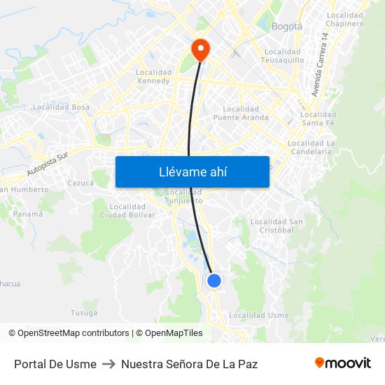 Portal De Usme to Nuestra Señora De La Paz map