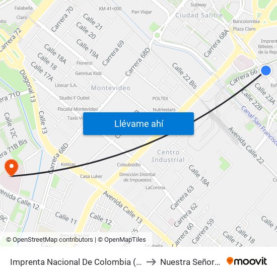 Imprenta Nacional De Colombia (Av. Esperanza - Kr 66) to Nuestra Señora De La Paz map