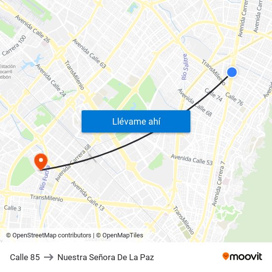 Calle 85 to Nuestra Señora De La Paz map