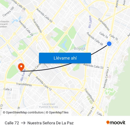Calle 72 to Nuestra Señora De La Paz map