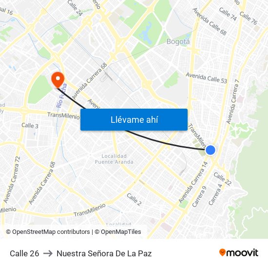 Calle 26 to Nuestra Señora De La Paz map