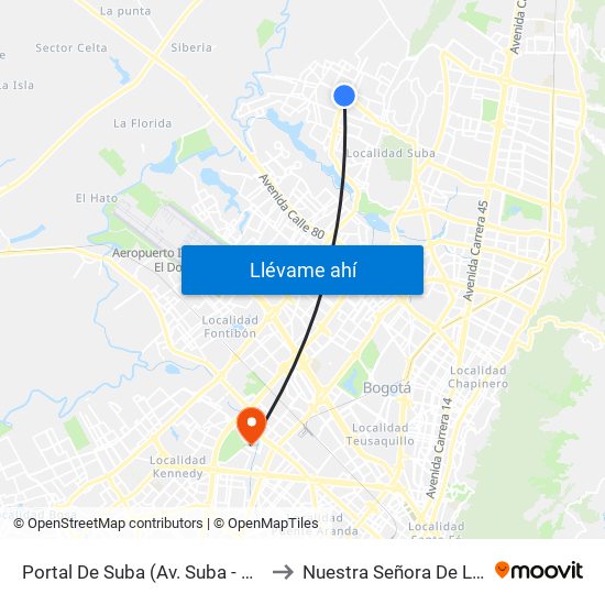 Portal De Suba (Av. Suba - Kr 106) to Nuestra Señora De La Paz map