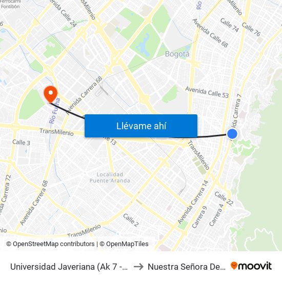 Universidad Javeriana (Ak 7 - Cl 40) (B) to Nuestra Señora De La Paz map