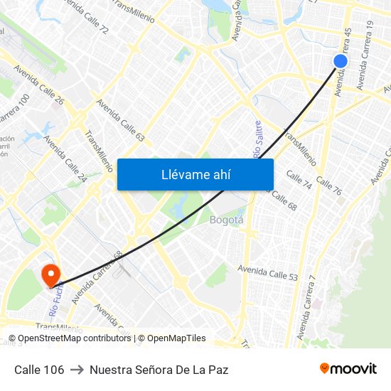 Calle 106 to Nuestra Señora De La Paz map