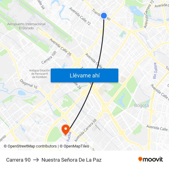 Carrera 90 to Nuestra Señora De La Paz map