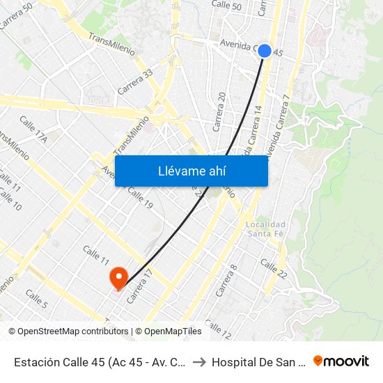 Estación Calle 45 (Ac 45 - Av. Caracas) to Hospital De San José map