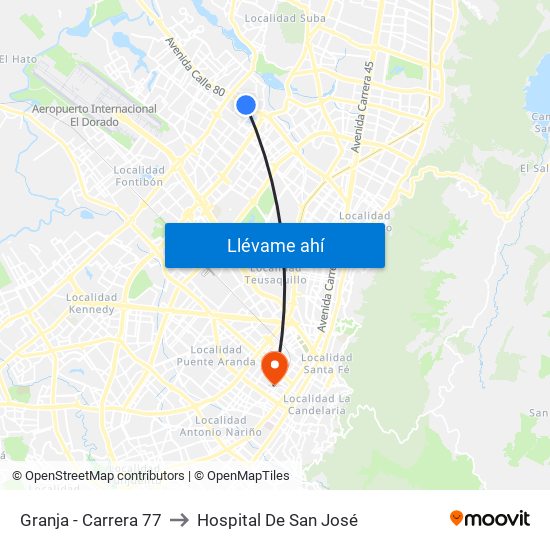 Granja - Carrera 77 to Hospital De San José map