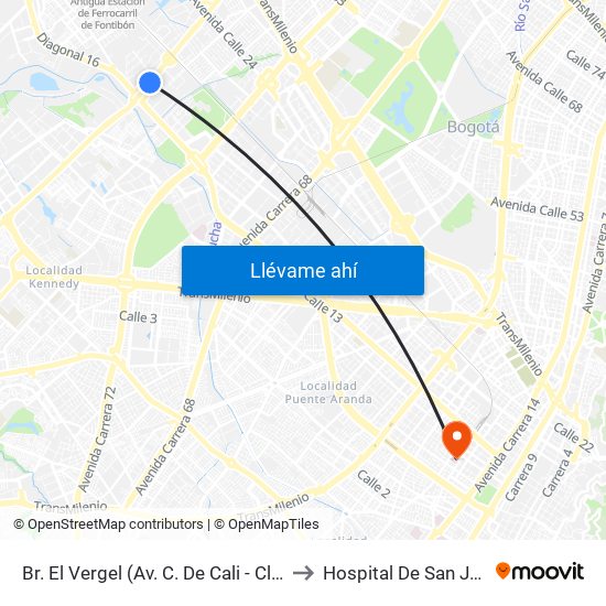 Br. El Vergel (Av. C. De Cali - Cl 18) to Hospital De San José map