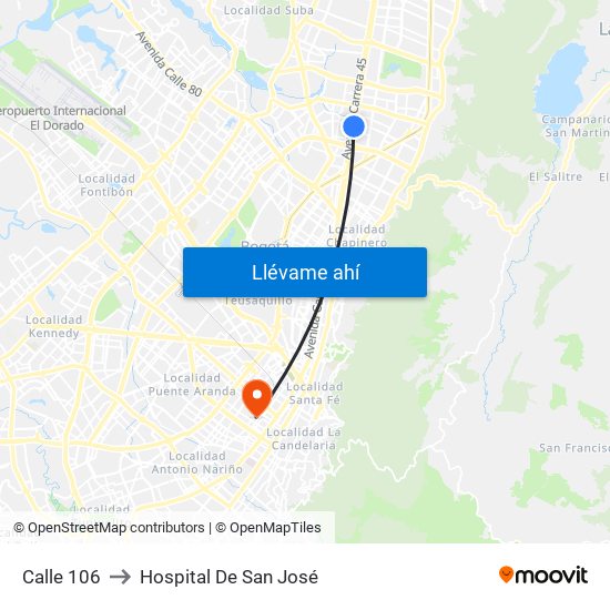 Calle 106 to Hospital De San José map